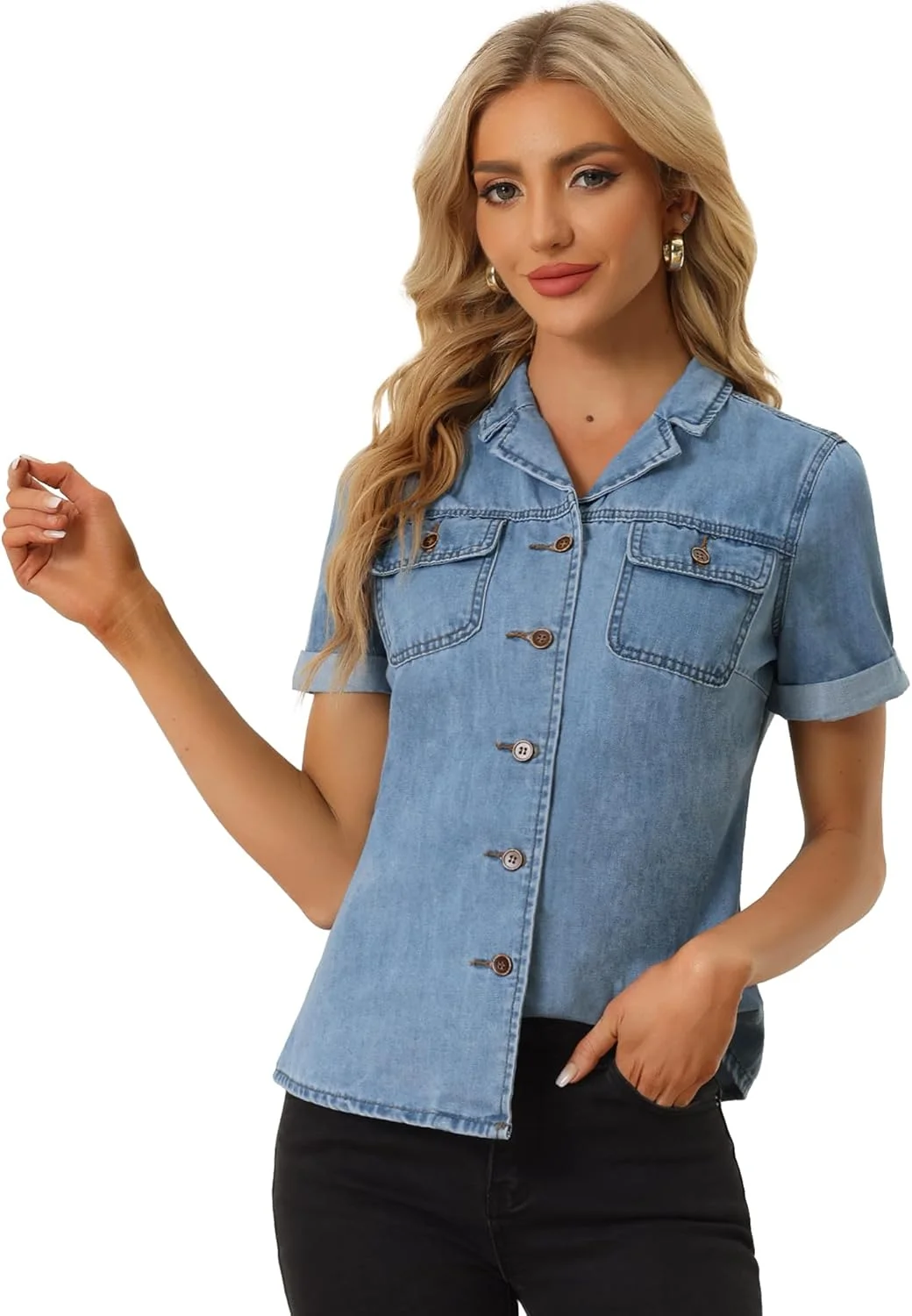 بلوز جین دکمه دار کلاسیک زنانه Allegra K 2023، یقه دار، آستین کوتاه، جیب غربی