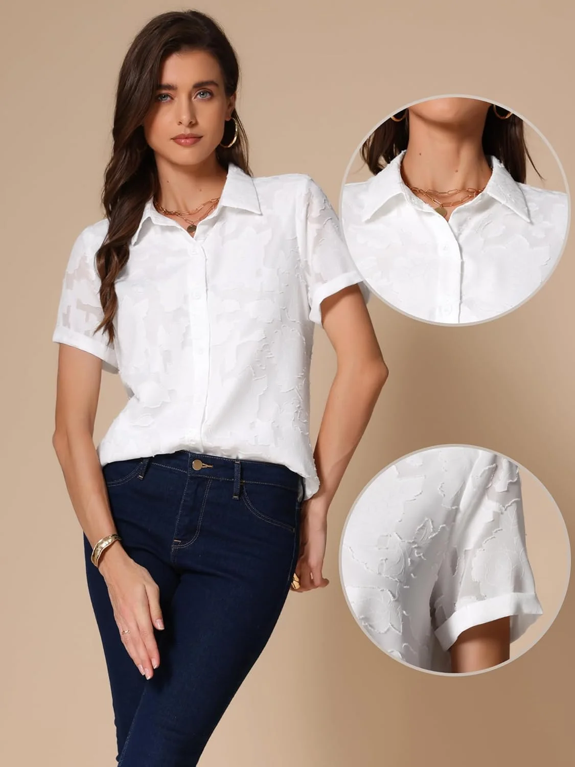 بلوز زنانه طرح گلدار Allegra K، یقه برگردان، آستین کوتاه، دکمه دار، مناسب کار، از جنس شیفون