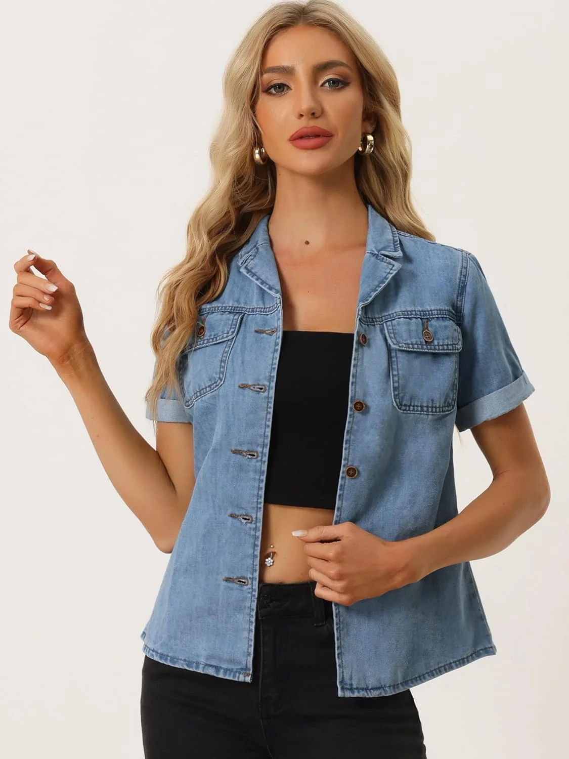 بلوز جین دکمه دار کلاسیک زنانه Allegra K 2023، یقه دار، آستین کوتاه، جیب غربی