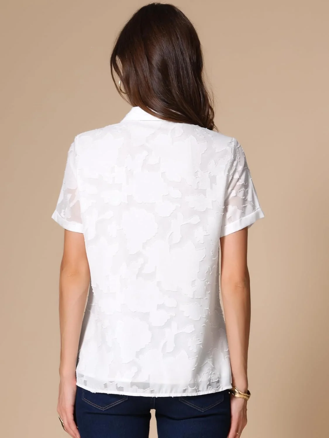 بلوز زنانه طرح گلدار Allegra K، یقه برگردان، آستین کوتاه، دکمه دار، مناسب کار، از جنس شیفون