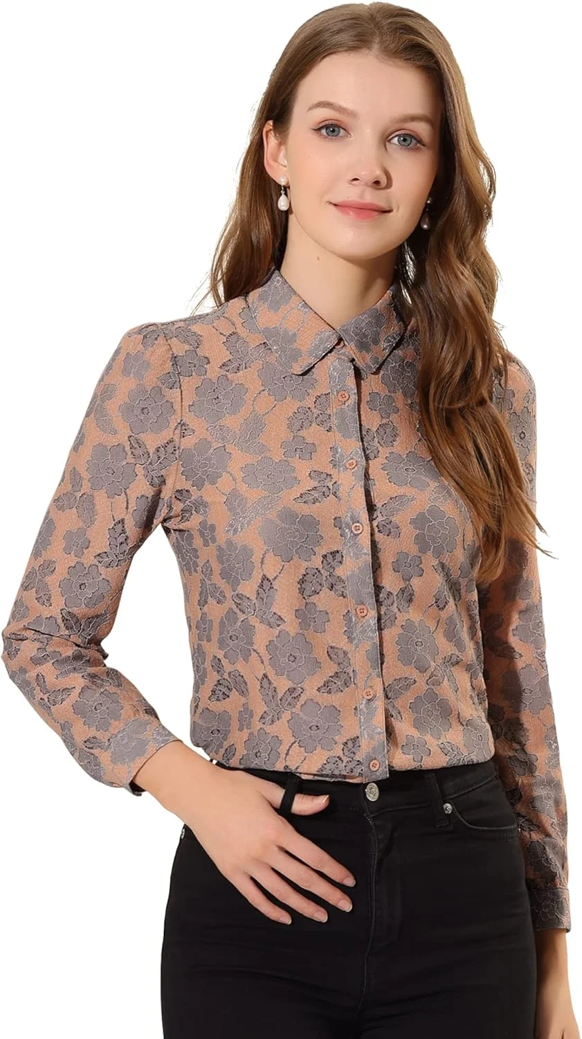 بلوز زنانه آستین بلند با دکمه و طرح توری گلدار