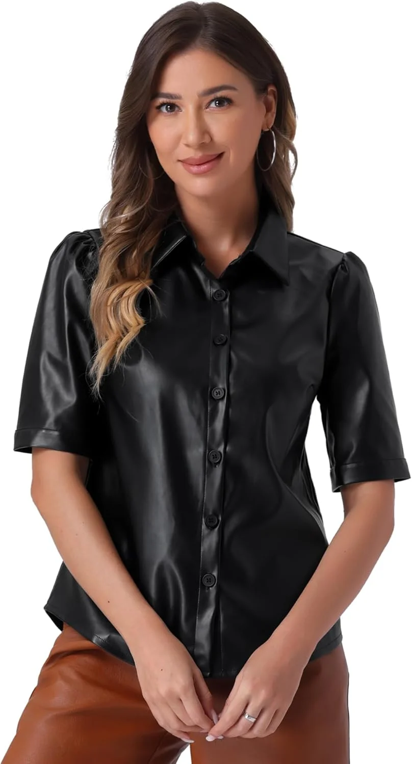 بلوز زنانه Allegra K دکمه دار آستین پفی چرمی مصنوعی