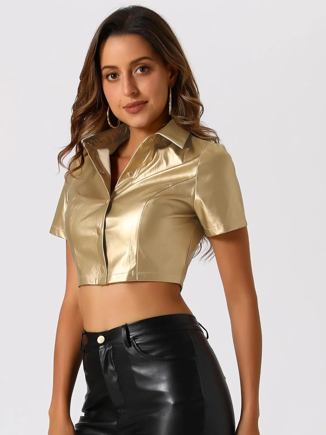 بلوز دکمه دار چرمی زنانه الگرا کا، ژاکت آستین کوتاه، نیم تنه مناسب مهمانی و کلاب