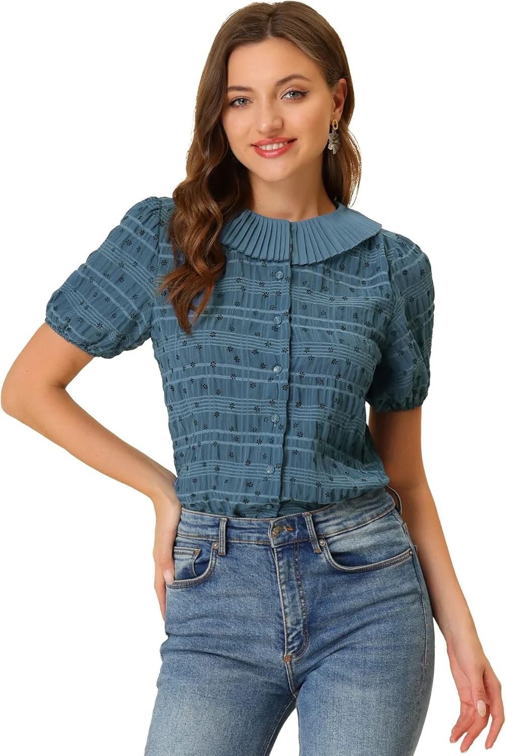 بلوز زنانه Allegra K با آستین پفی گلدار، یقه پلیسه دار و دکمه دار