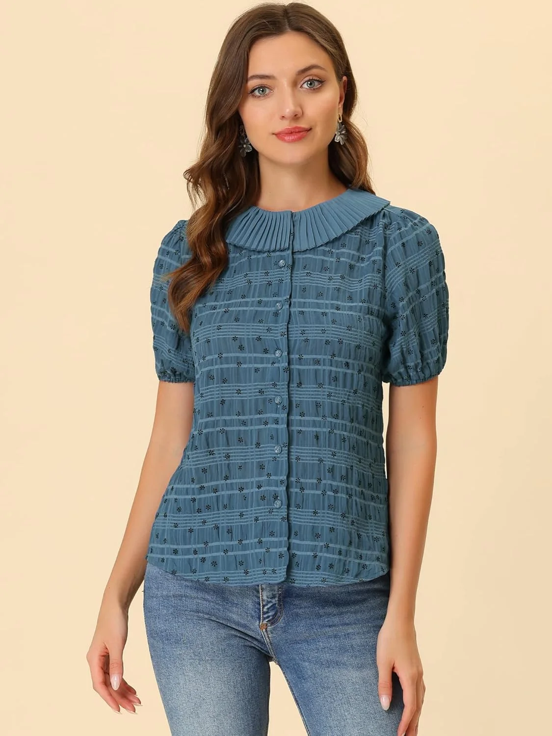 بلوز زنانه Allegra K با آستین پفی گلدار، یقه پلیسه دار و دکمه دار