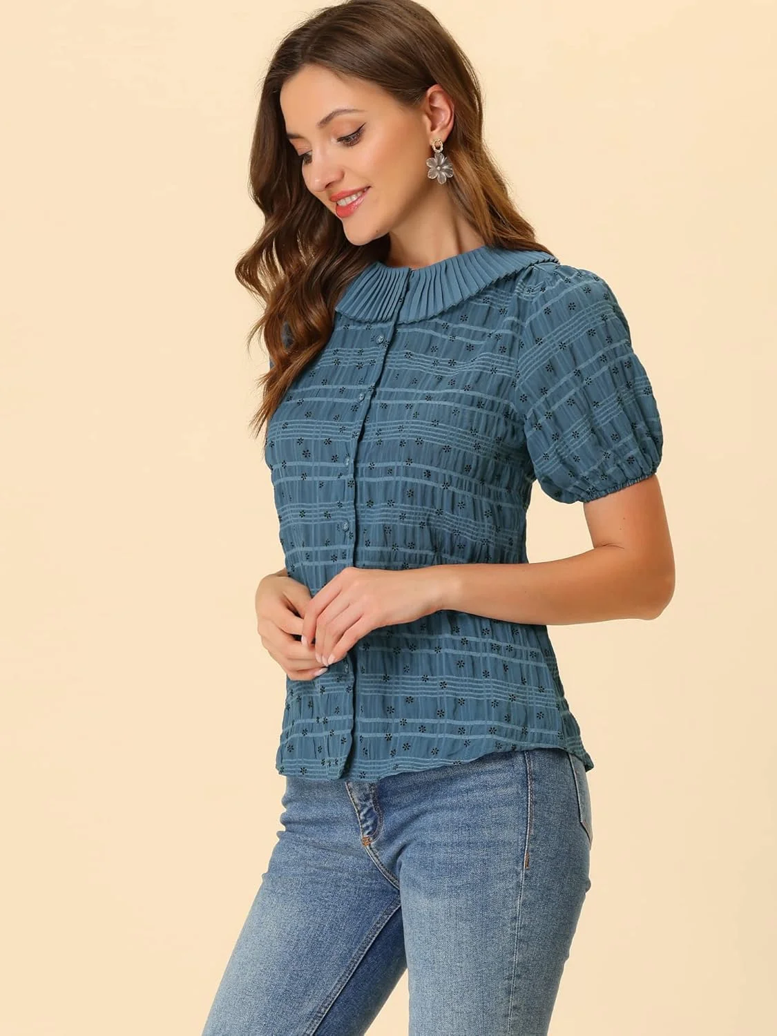 بلوز زنانه Allegra K با آستین پفی گلدار، یقه پلیسه دار و دکمه دار