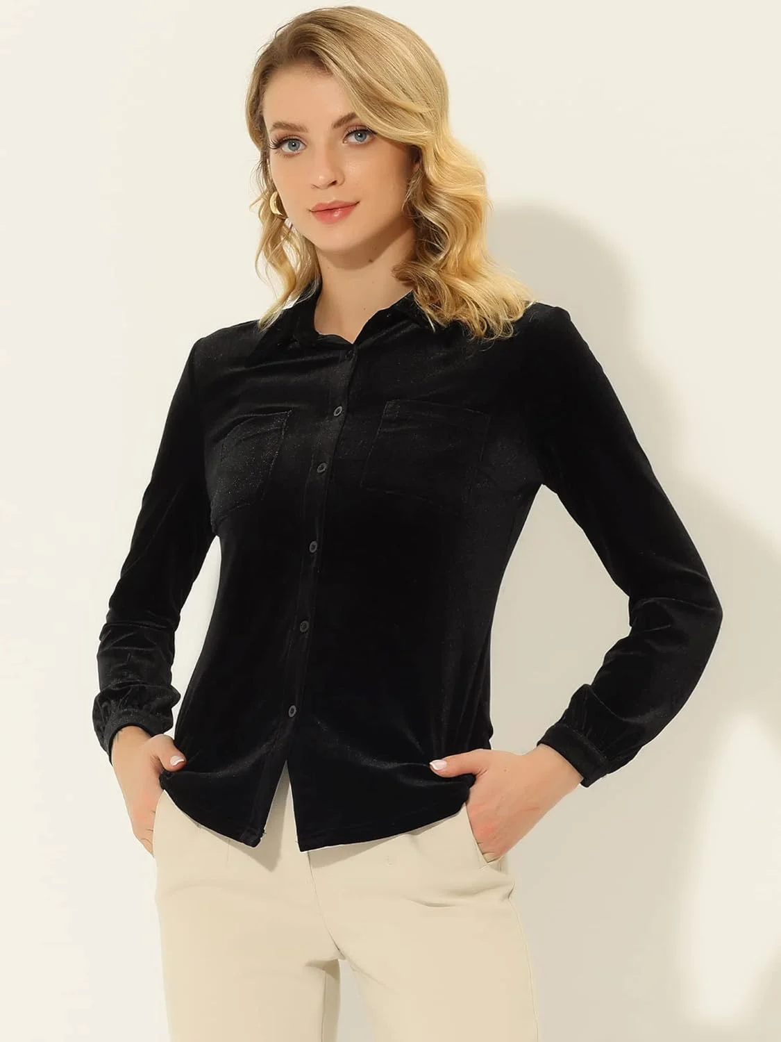 بلوز مخمل زنانه Allegra K، آستین بلند، دکمه دار، مناسب برای کریسمس و استفاده روزمره