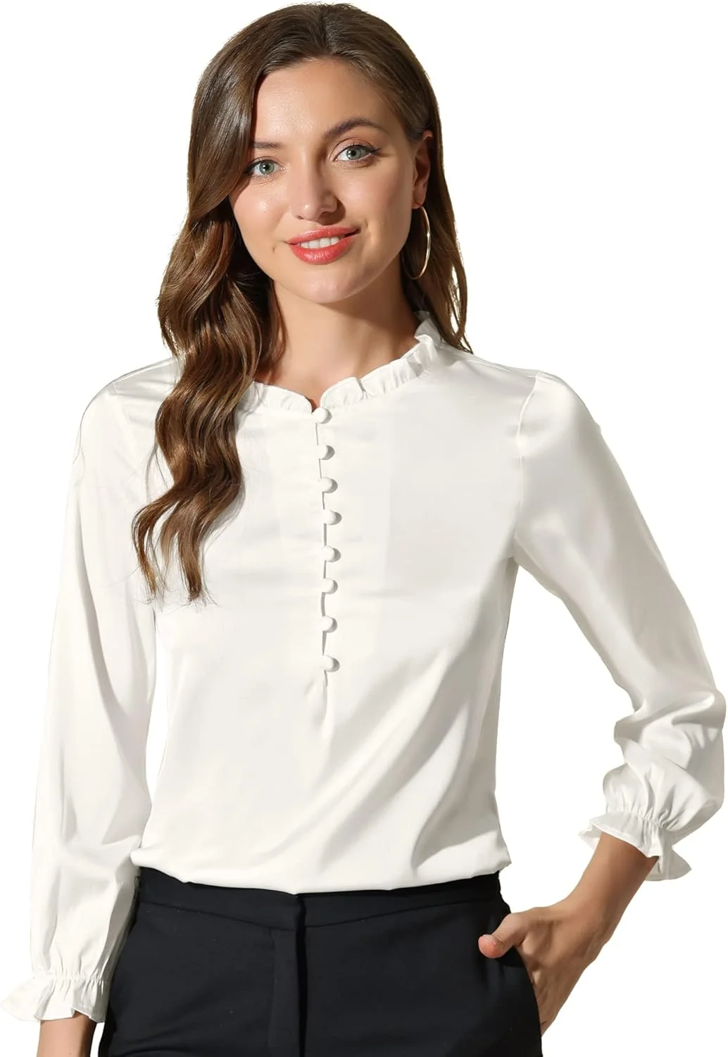 بلوز ساتن زنانه Allegra K با یقه چین دار، آستین پفی و سرآستین کشی مناسب کار و محیط اداری