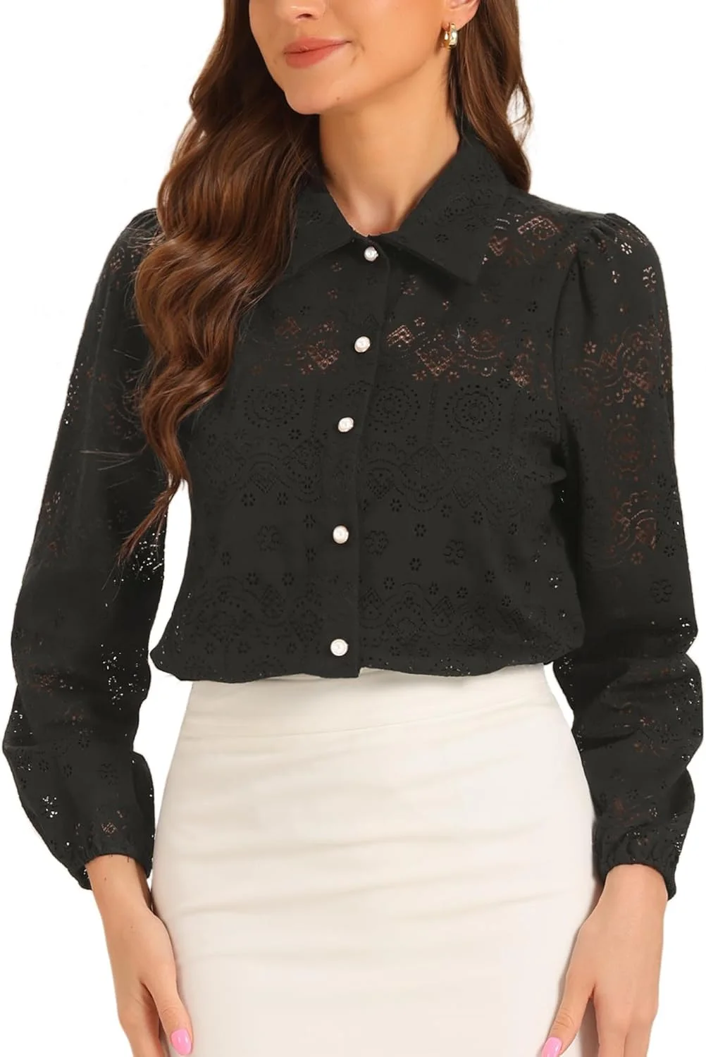 بلوز زنانه الگانزا Allegra K، آستین بلند توری دکمه دار یقه دار