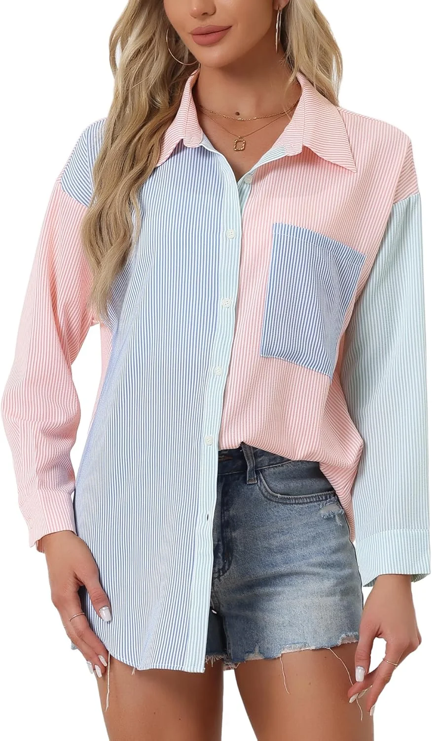 بلوز زنانه آستین بلند یقه هفت راه راه با جیب و دکمه