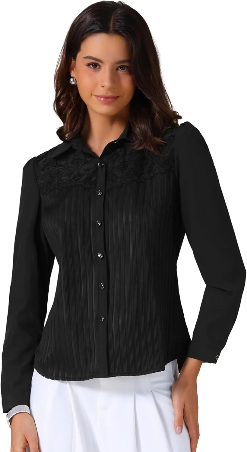 بلوز زنانه Allegra K، طرح راه راه، یقه توری، دکمه دار، آستین بلند، مناسب محیط کار