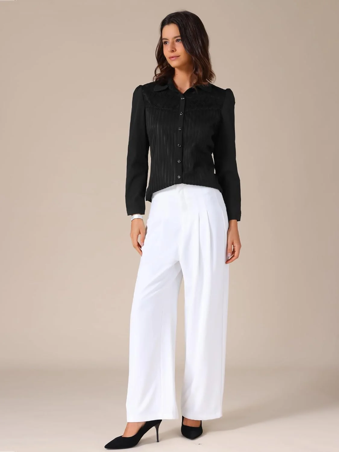 بلوز زنانه Allegra K، طرح راه راه، یقه توری، دکمه دار، آستین بلند، مناسب محیط کار