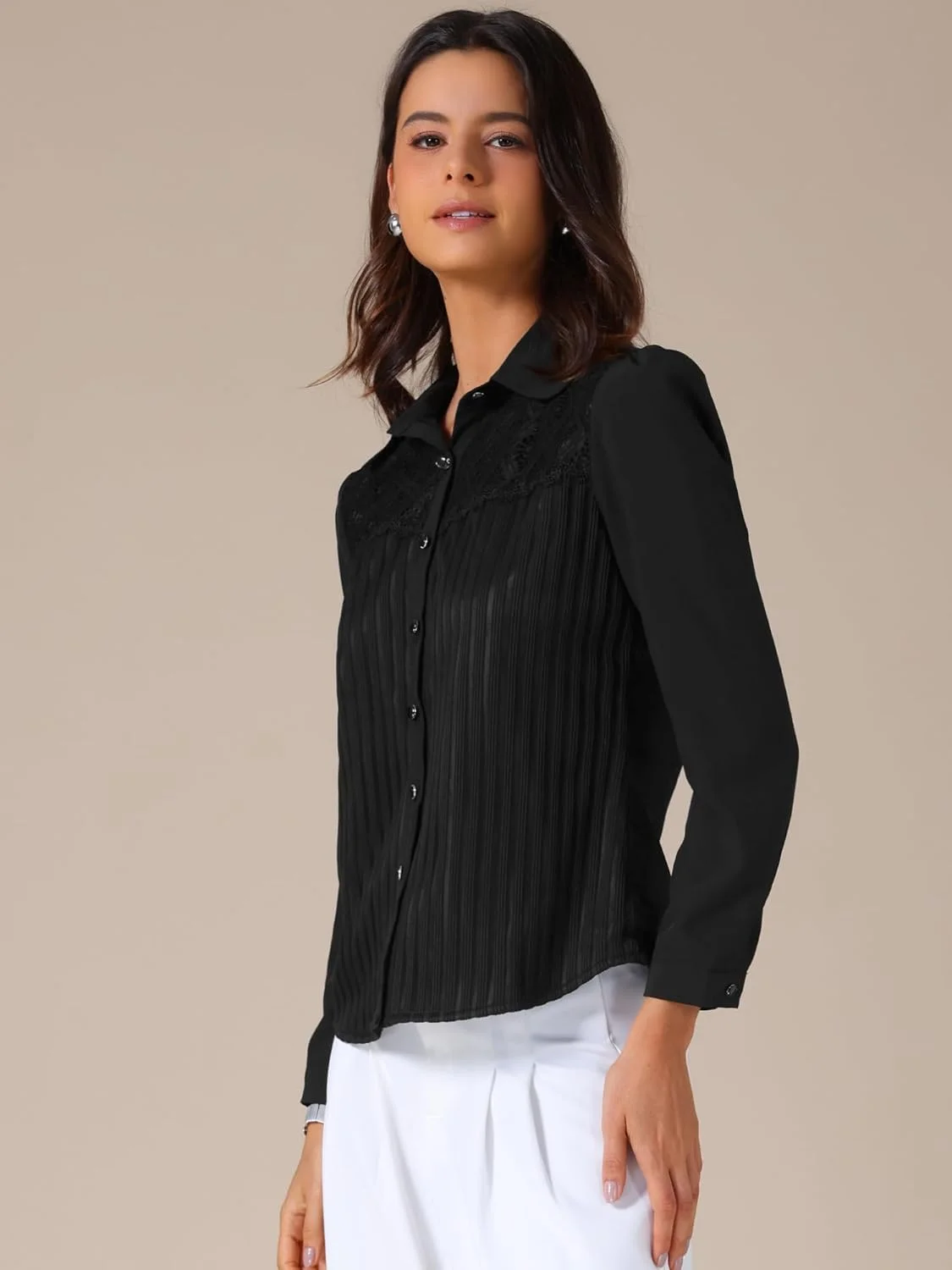 بلوز زنانه Allegra K، طرح راه راه، یقه توری، دکمه دار، آستین بلند، مناسب محیط کار