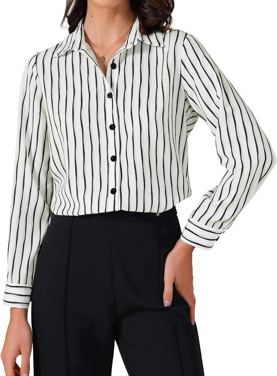 بلوز زنانه راه راه دکمه دار آستین بلند، مناسب برای محیط کار و استفاده روزمره