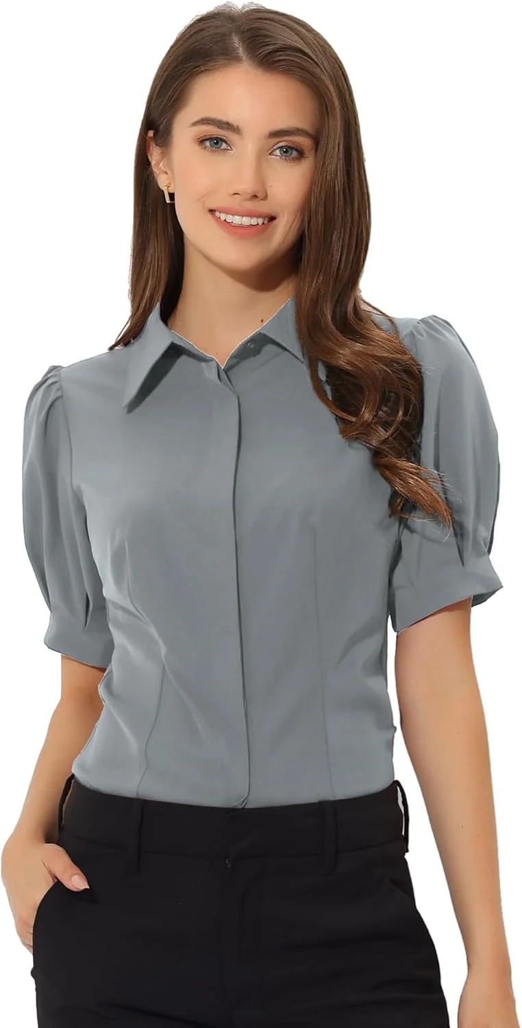 بلوز دکمه دار آستین پفی زنانه Allegra K مناسب کار و اداره، یقه دار، آستین کوتاه، مدل روز