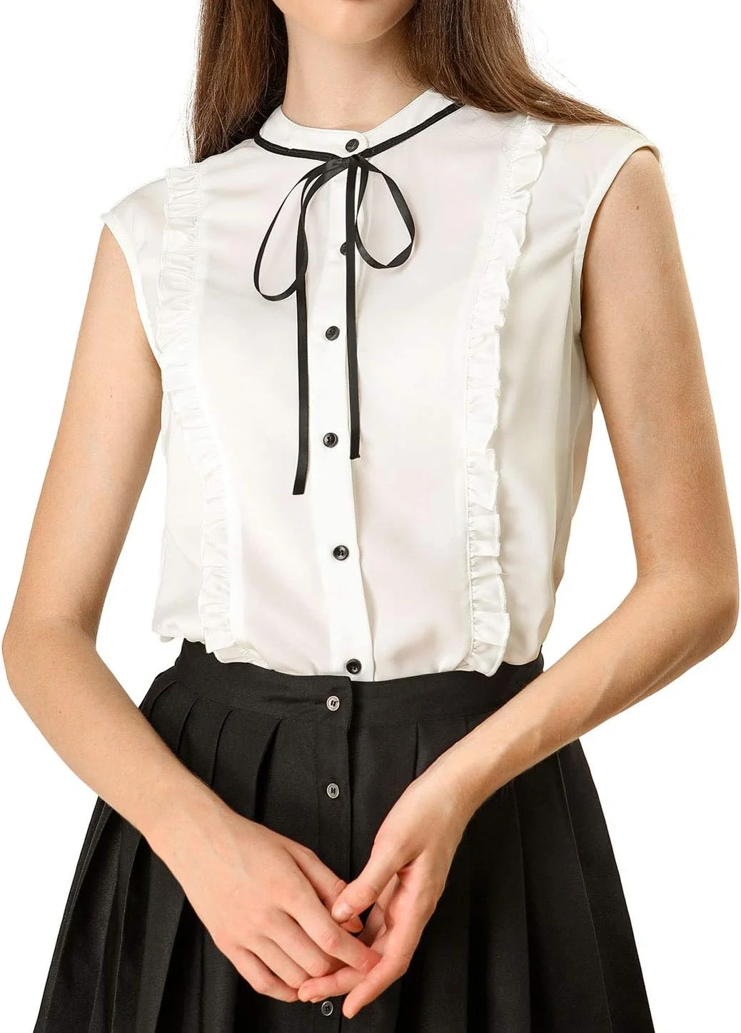 بلوز زنانه الگرا کا، یقه کراواتی زیبا، تابستانی، رنگ ثابت، آستین حلقه ای، دکمه دار