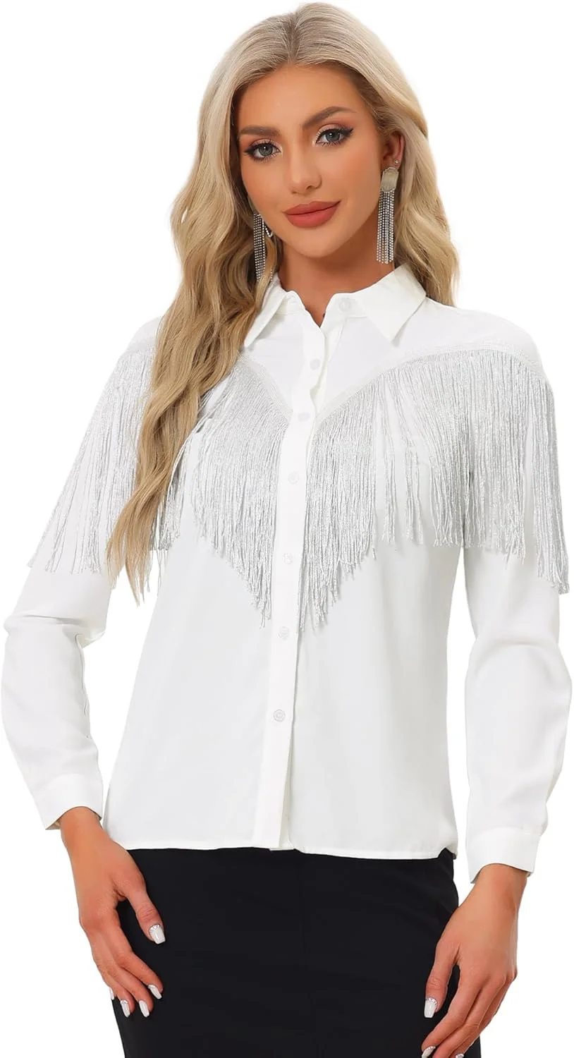 بلوز زنانه آلگرا K مدل وسترن ریش‌دار آستین بلند دکمه‌دار مناسب دیسکو و استایل دختر گاوچران
