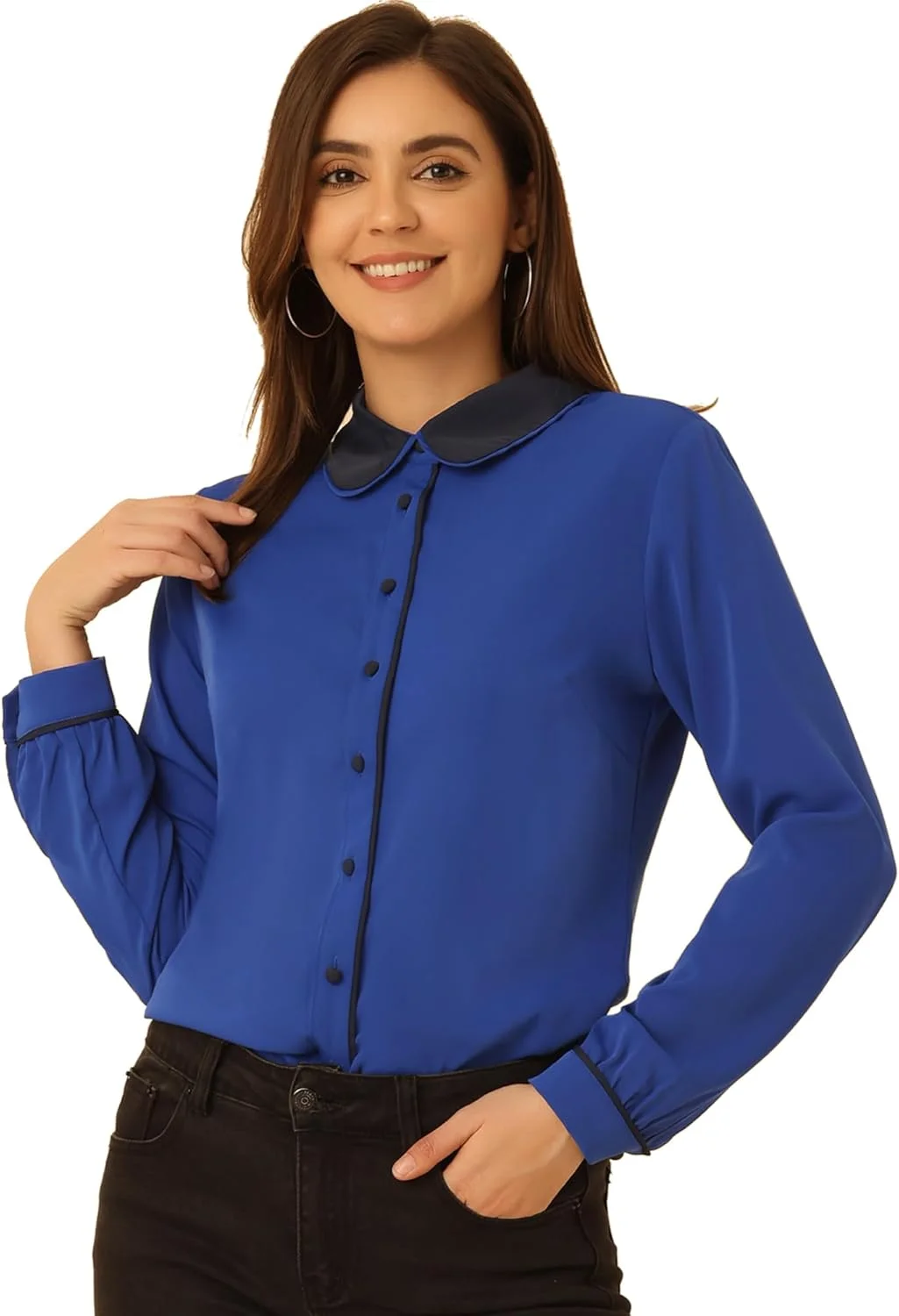 بلوز زنانه آستین بلند دکمه دار یقه پیتر پن طرح متفاوت مناسب محل کار