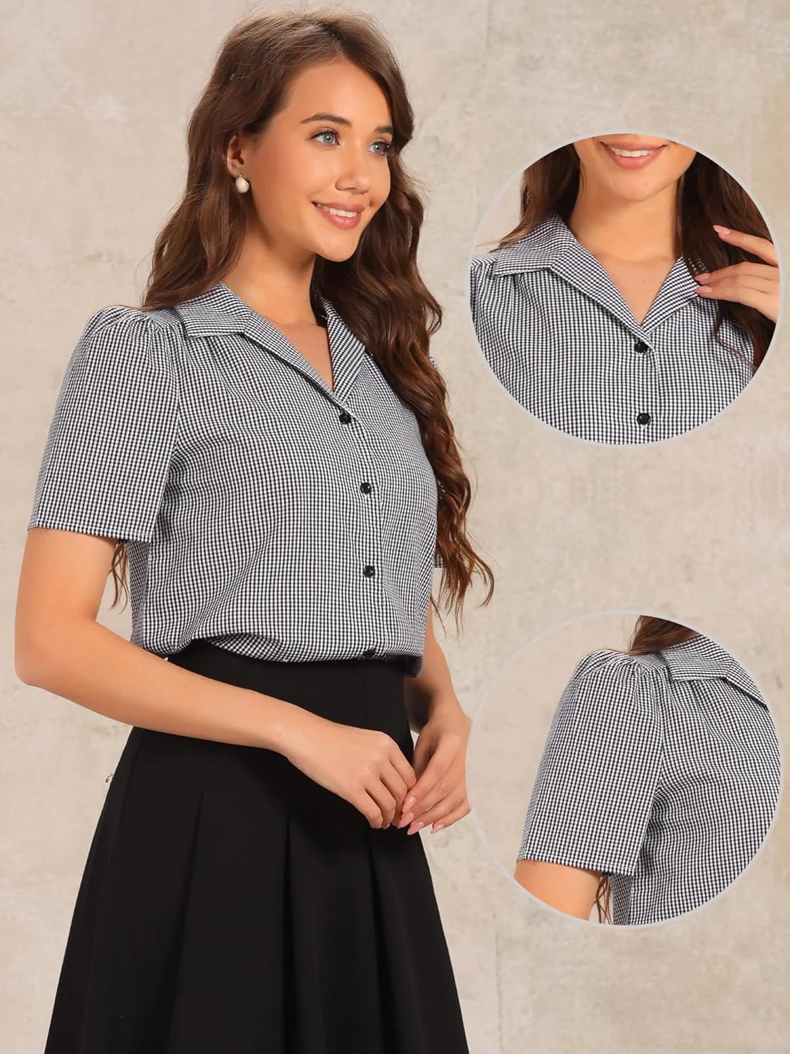 بلوز زنانه تابستانی آلگرا کا با طرح چهارخانه و آستین کوتاه، مدل وینتیج با دکمه