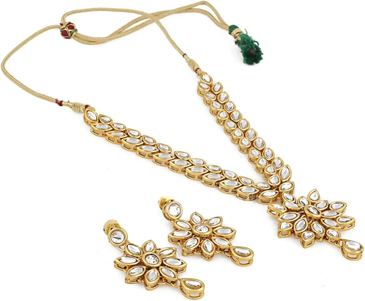 ست جواهرات مجلسی براق دیوا، روکش طلایی، کندن، مناسب مهمانی، گردنبند سنتی با گوشواره برای زنان و دختران (سفید)(9602s)