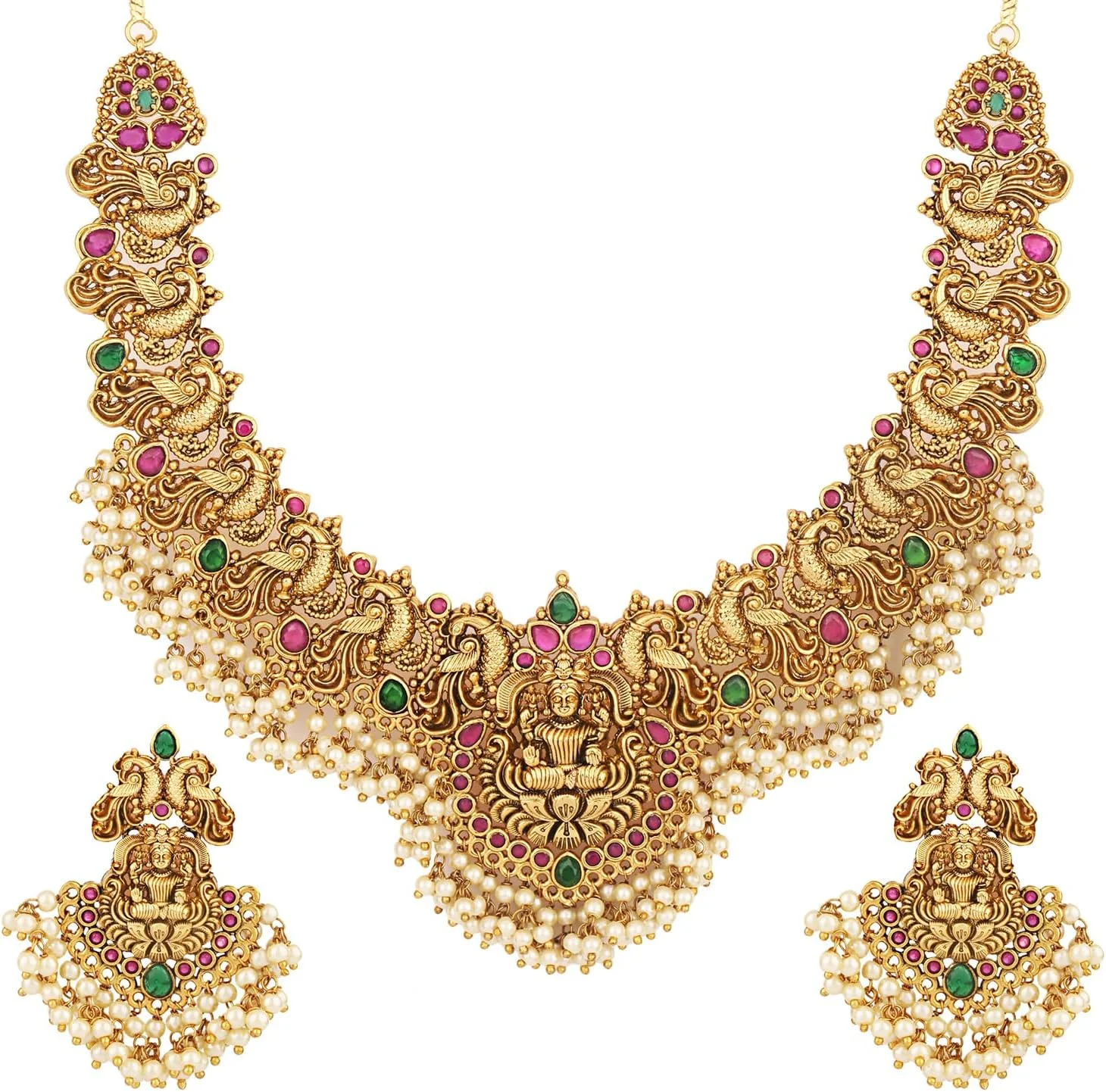 ست جواهرات مجلسی و شیک مرواریدی زنانه Shining Diva | ست گردنبند معبد | گردنبند مناسب جشن عروسی | روکش طلای 22 عیار | مشابه جواهرات طلای اصل