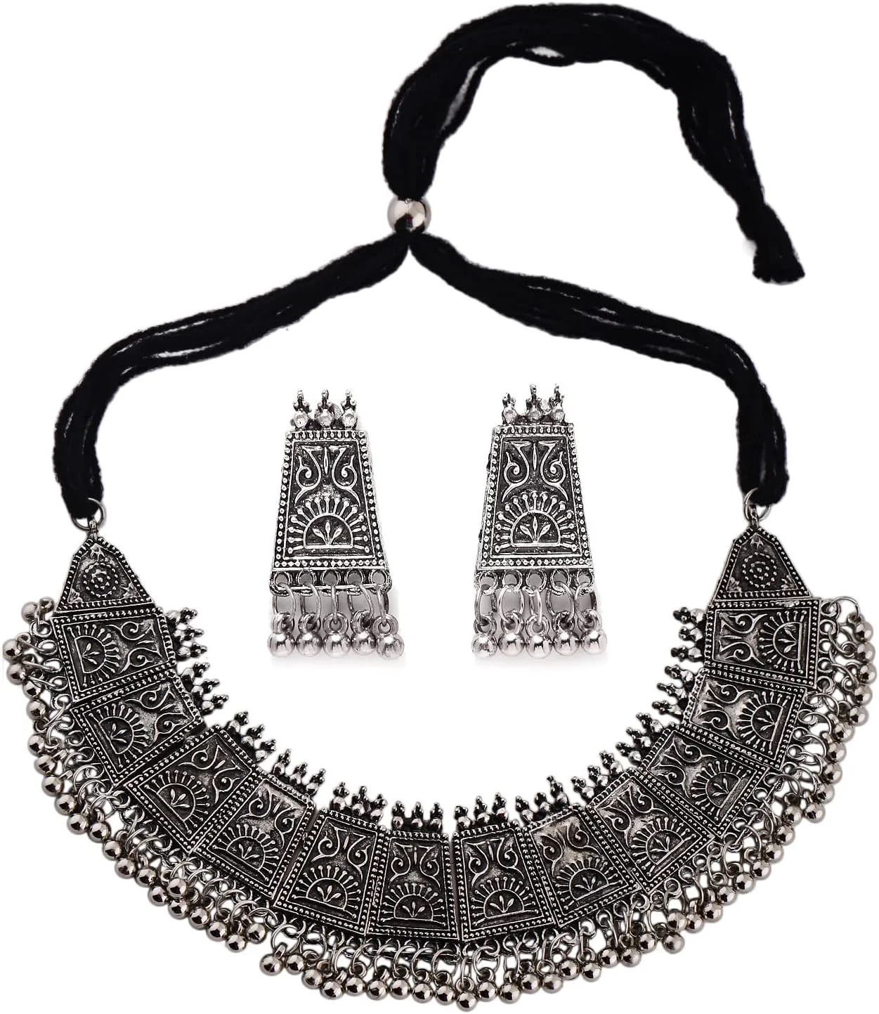 ست زیورآلات گردنبند نقره ای اکسید شده شیک و جدید زنانه