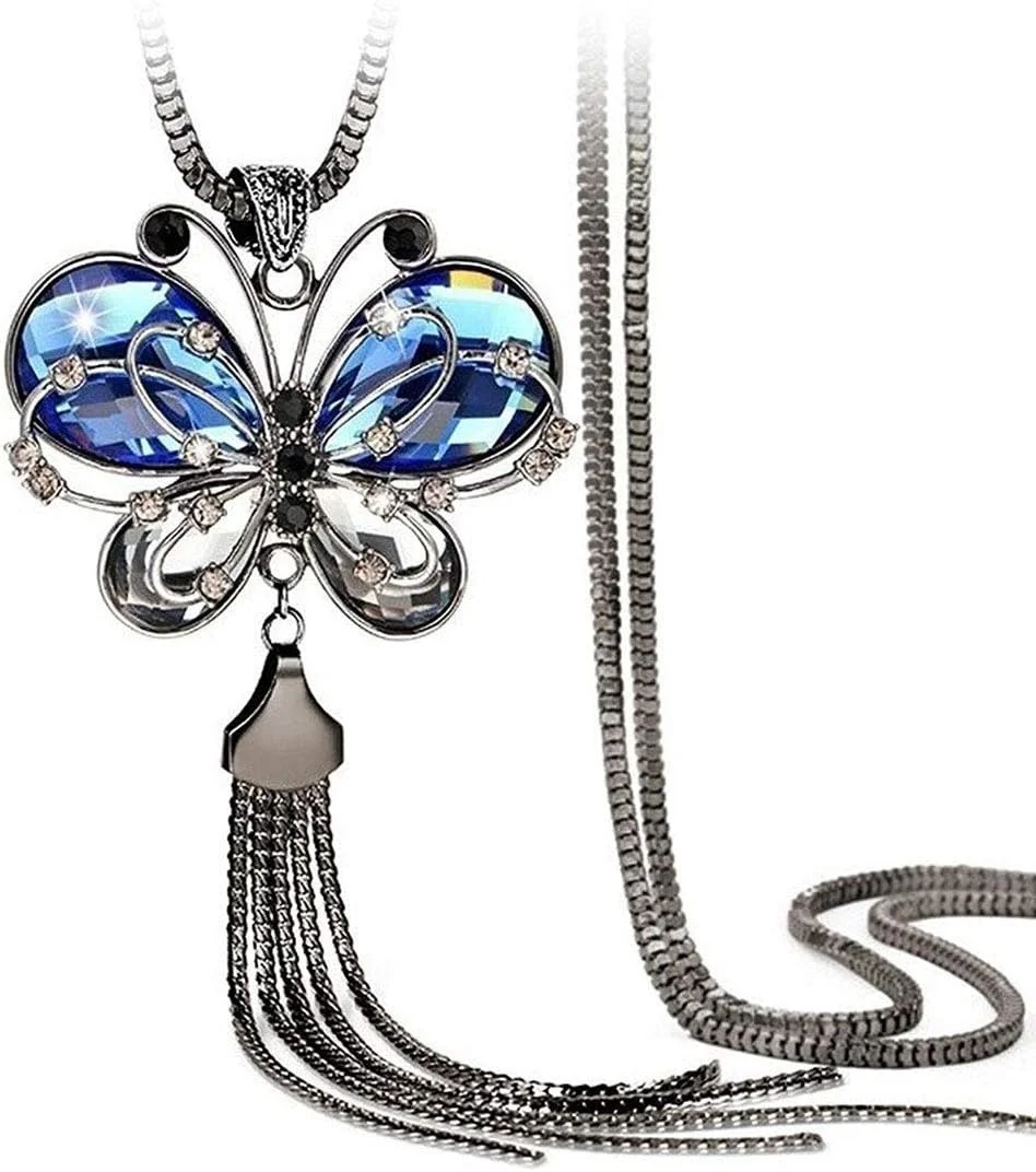 آویز پروانه ای نگین دار براق برای دختران با گردنبند زنجیره ای بلند، مناسب مهمانی و استایل شیک برای زنان و دختران (آبی)(9275np)