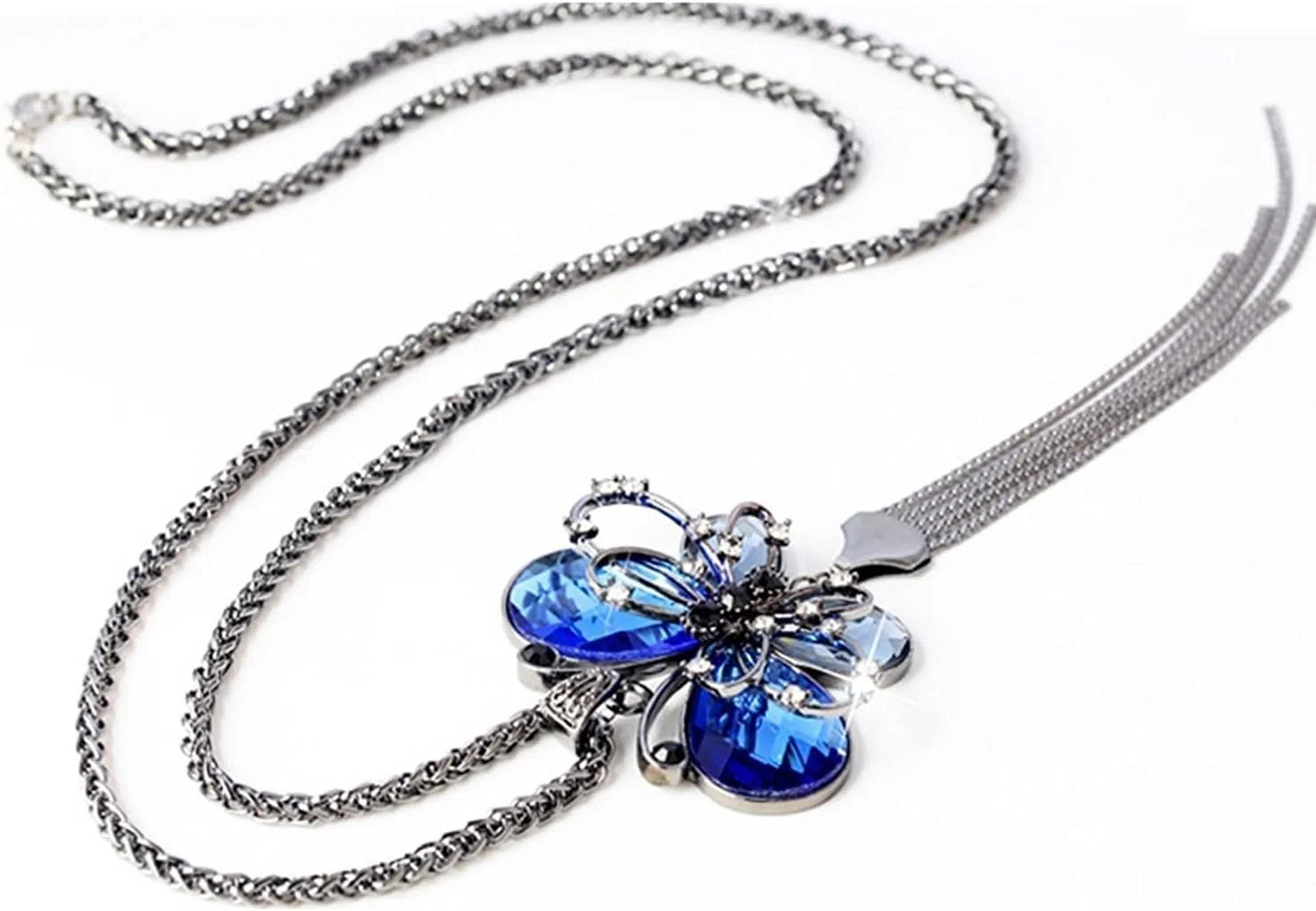 آویز پروانه ای نگین دار براق برای دختران با گردنبند زنجیره ای بلند، مناسب مهمانی و استایل شیک برای زنان و دختران (آبی)(9275np)