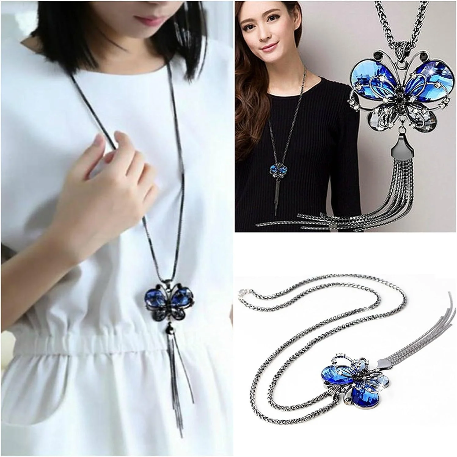 آویز پروانه ای نگین دار براق برای دختران با گردنبند زنجیره ای بلند، مناسب مهمانی و استایل شیک برای زنان و دختران (آبی)(9275np)