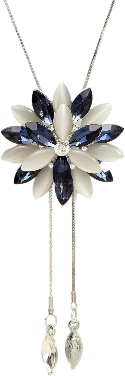 آویز گردنبند زنجیر بلند طرح گل کریستالی شیک نقره ای زنانه