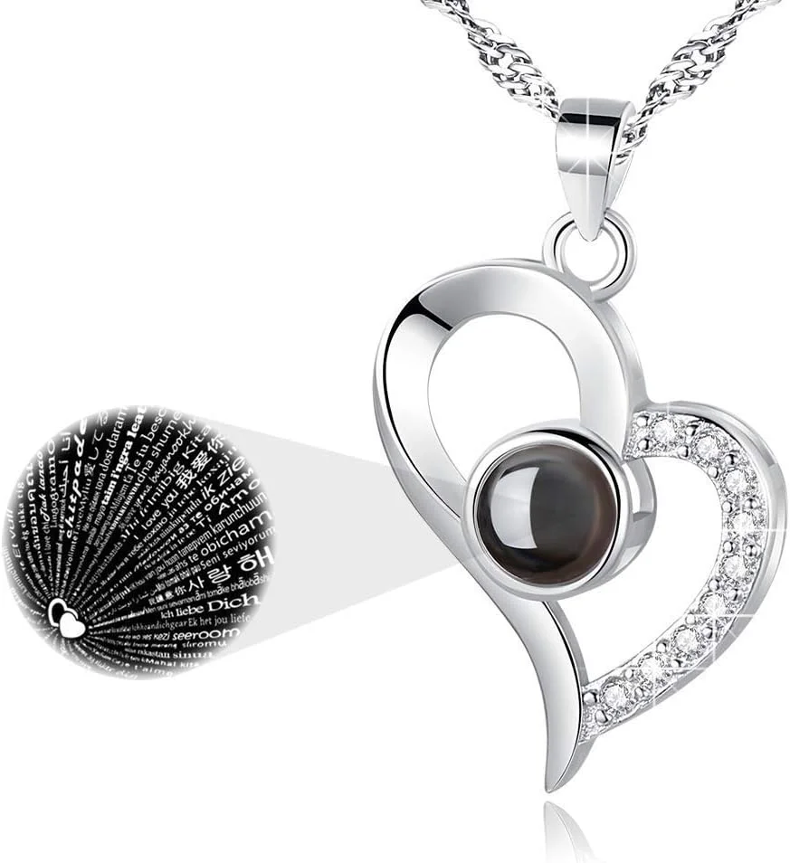 گردنبند آویز قلب شیک با روکش طلای رزگلد 18 عیار و پلاتین، نوشته شده دوستت دارم به 100 زبان مختلف، مناسب بانوان و دختران