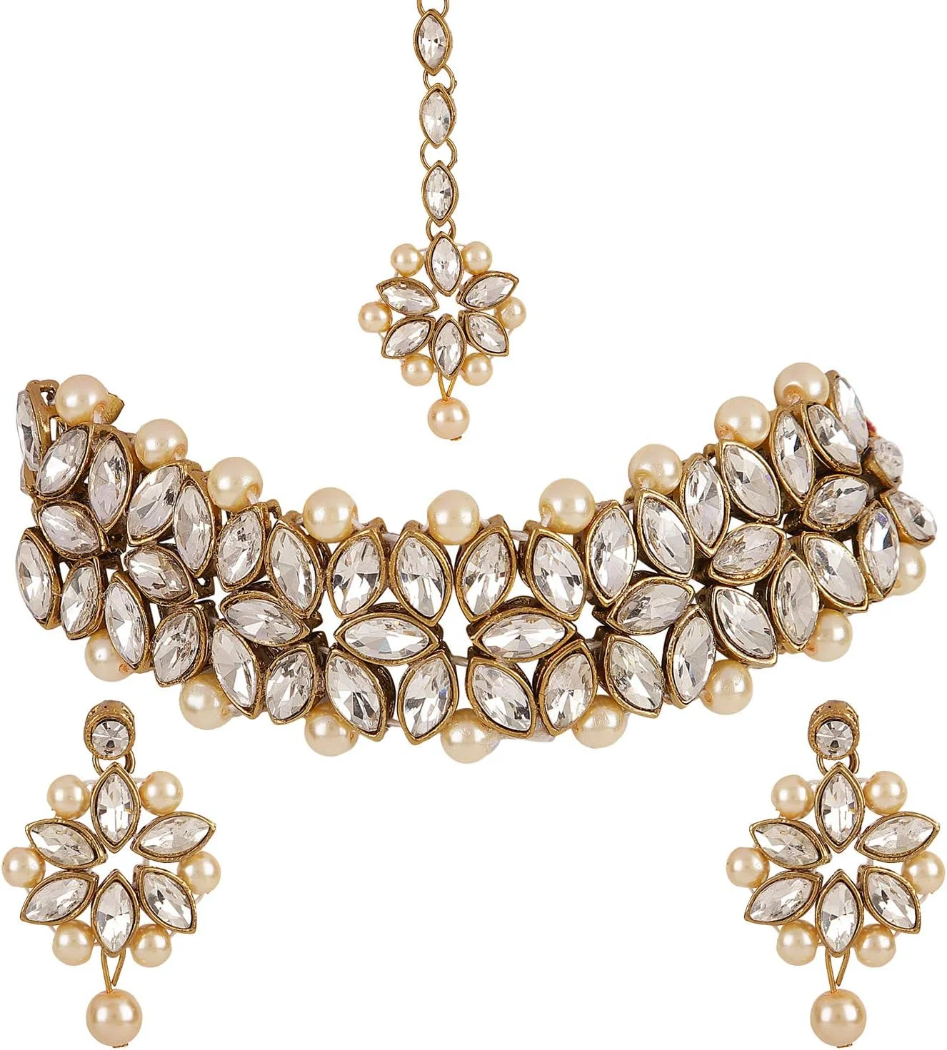 ست جواهرات گردنبند چوکر طرح کندن سنتی جدید درخشان دیوا برای زنان (کرم) (11278s)