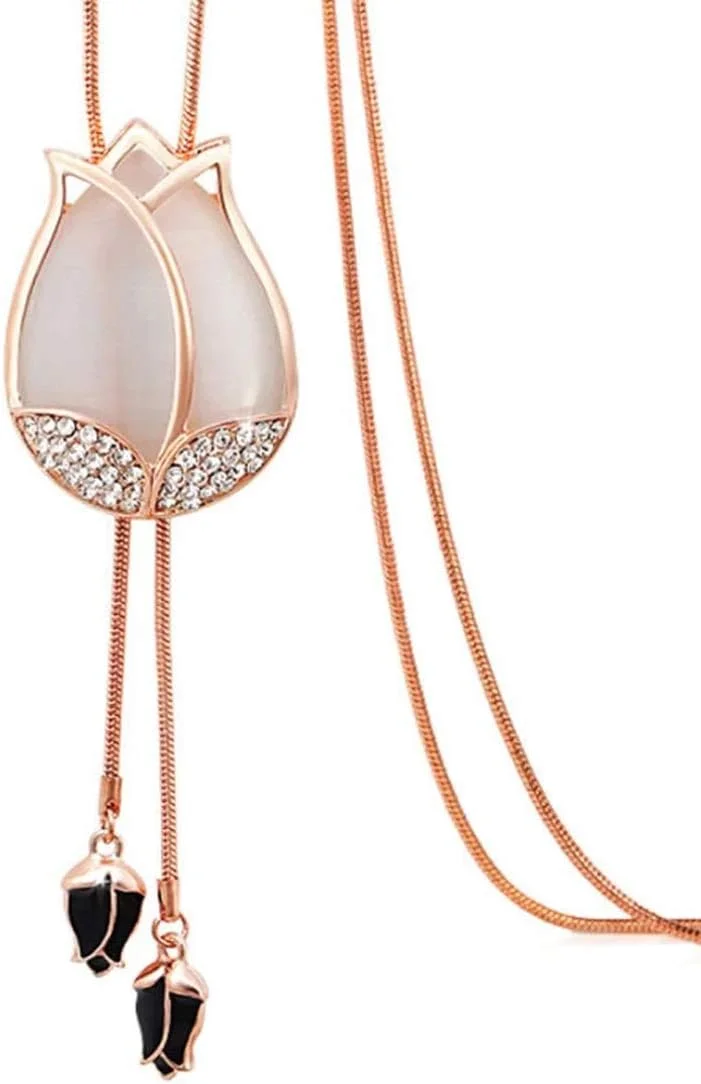 گردنبند آویز زنجیر بلند گل لاله نگین دار جدید زنانه و دخترانه