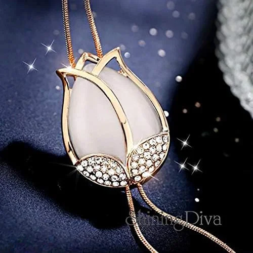 گردنبند آویز زنجیر بلند گل لاله نگین دار جدید زنانه و دخترانه