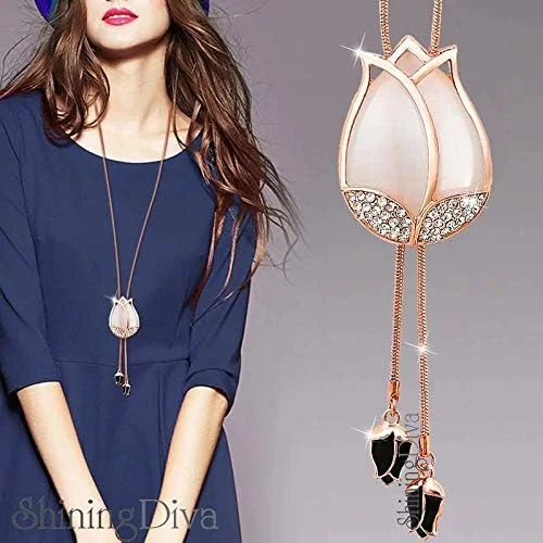 گردنبند آویز زنجیر بلند گل لاله نگین دار جدید زنانه و دخترانه