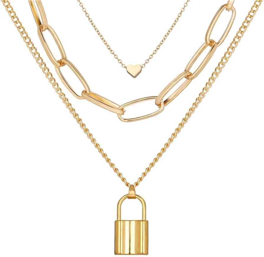 گردنبند آویز زنجیری چند لایه طلایی رنگ نگین دار شیک و جدید زنانه