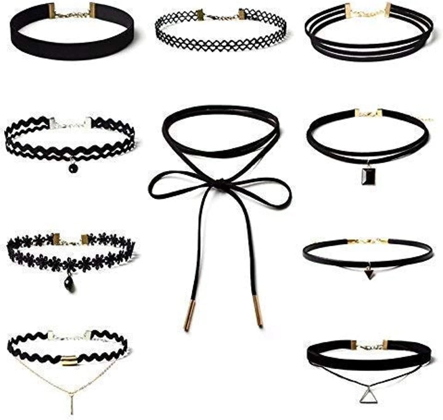 جواهرات فشن شاینینگ دیوا، ست گردنبند چوکر توری پارچه ای مشکی شیک زنانه/دخترانه، مجموعه 10 عددی (cmb272)