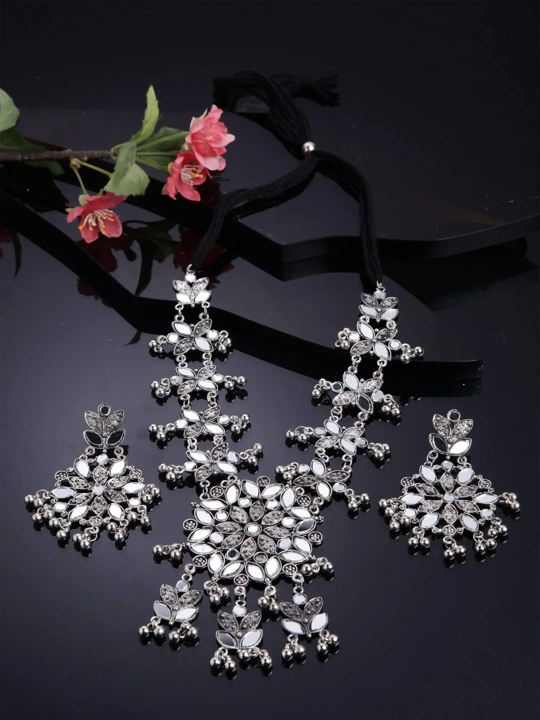 ست جواهرات گردنبند نقره ای اکسید شده شیک و جدید زنانه