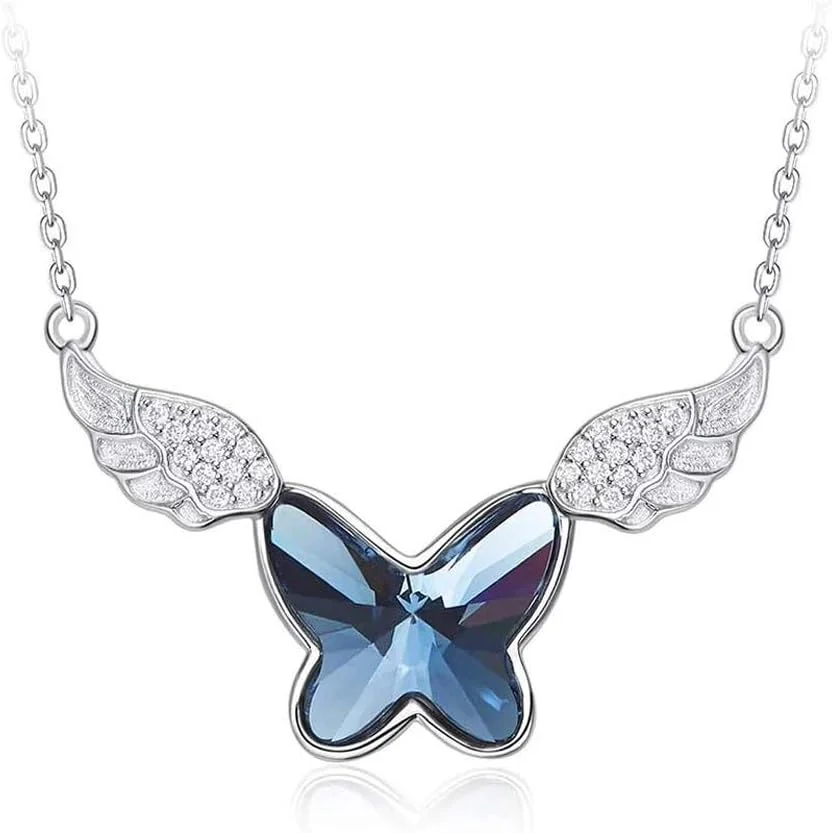 گردنبند آویز پروانه کریستالی شیک و مد روز با روکش نقره پلاتین برای زنان (آبی، 10921np)
