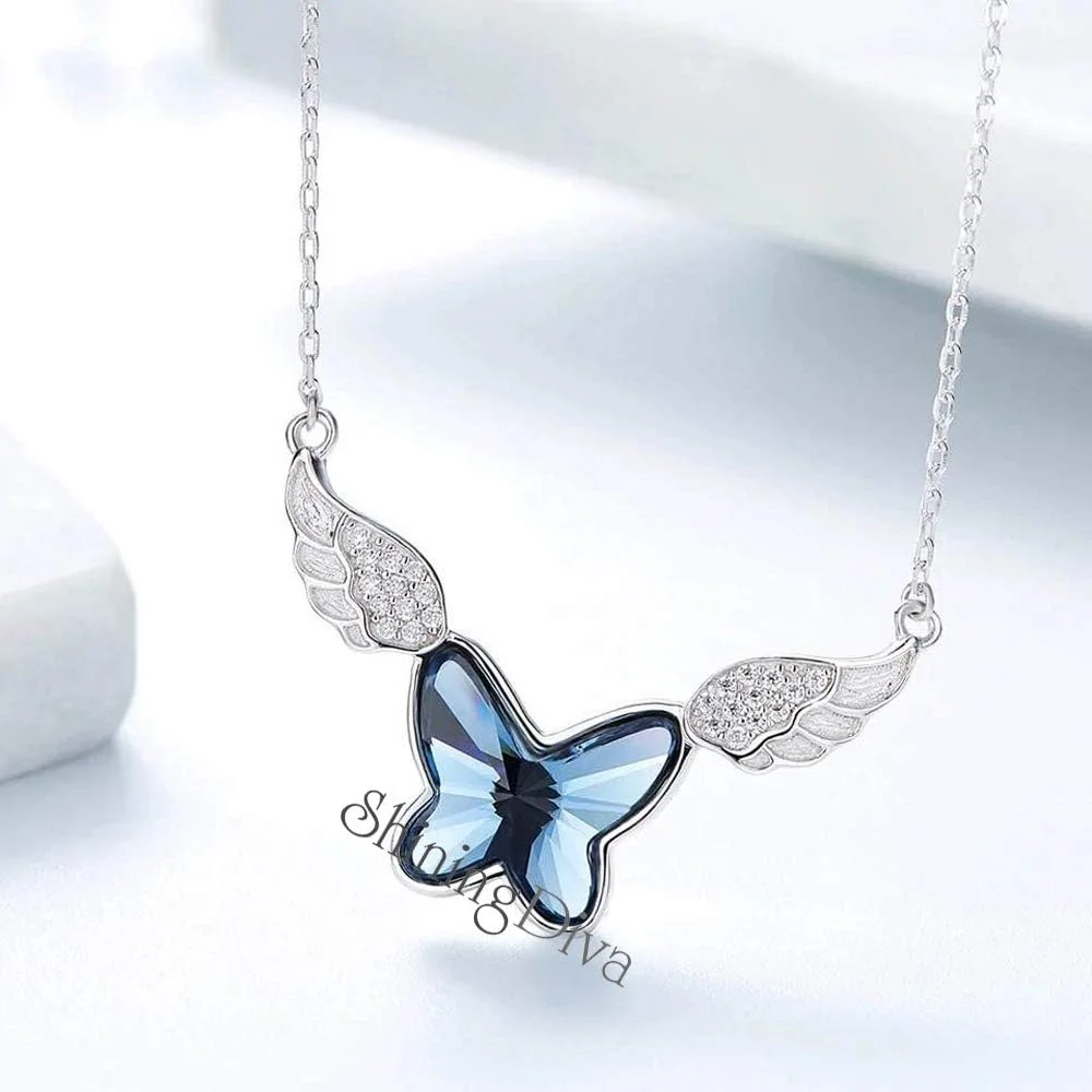گردنبند آویز پروانه کریستالی شیک و مد روز با روکش نقره پلاتین برای زنان (آبی، 10921np)