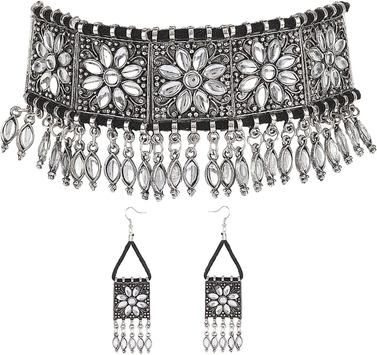 ست زیورآلات گردنبند چوکر قبیله ای نقره ای اکسید شده شیک و جدید زنانه