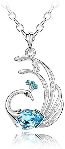 گردنبند آویز طاووس نگین اتریشی اصل آبکاری طلای سفید 18 عیار، هدیه برای بانوان و دختران