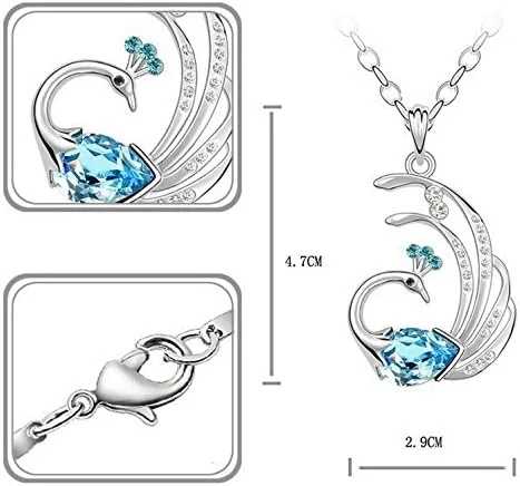 گردنبند آویز طاووس نگین اتریشی اصل آبکاری طلای سفید 18 عیار، هدیه برای بانوان و دختران