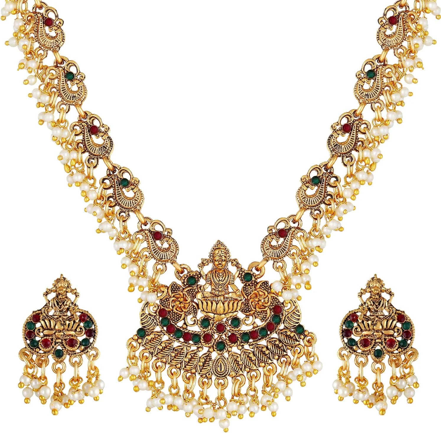 ست جواهرات گردنبند مرواریدی سنتی با طراحی معبد جدید و روکش طلایی زنانه