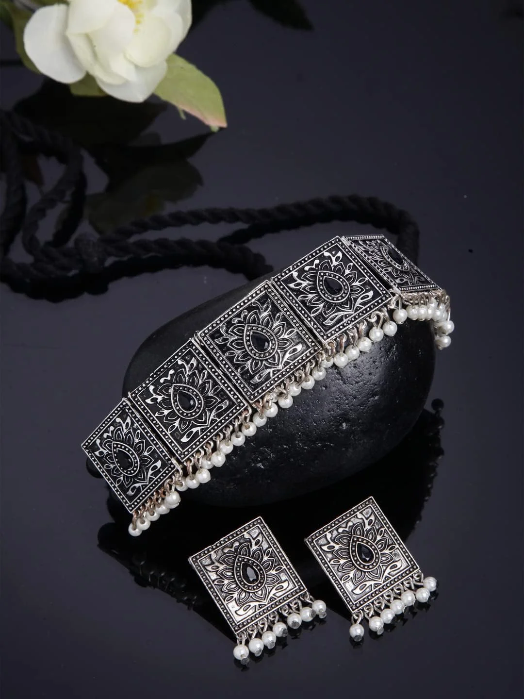 ست جواهرات گردنبند نقره ای اکسید شده شیک و جدید زنانه