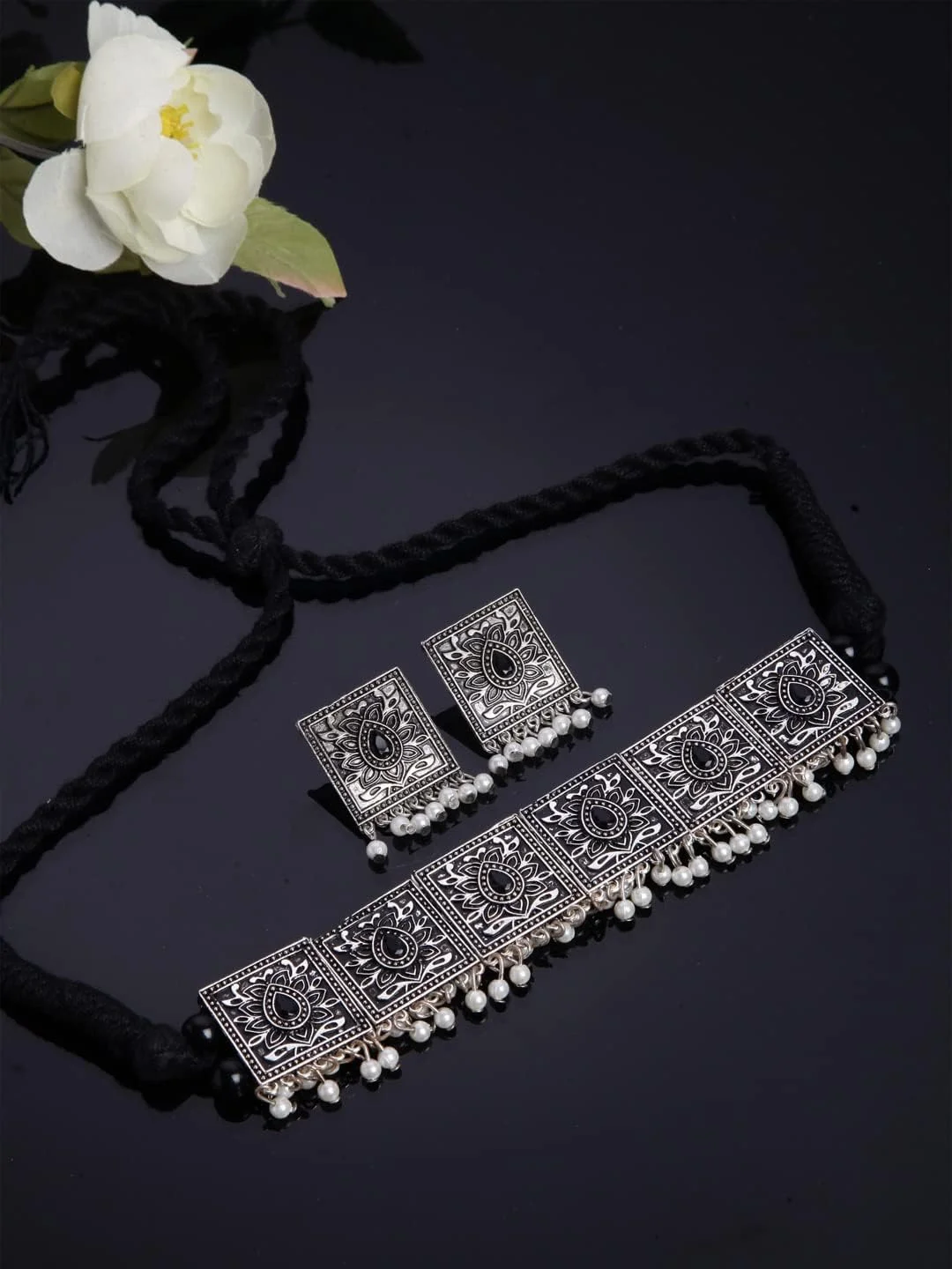 ست جواهرات گردنبند نقره ای اکسید شده شیک و جدید زنانه