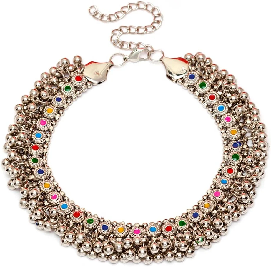 گردنبند چوکر قبیله ای نقره ای اکسید شده شیک و جدید درخشان دیوا برای زنان و دختران (12301np)، چند رنگ، یک سایز