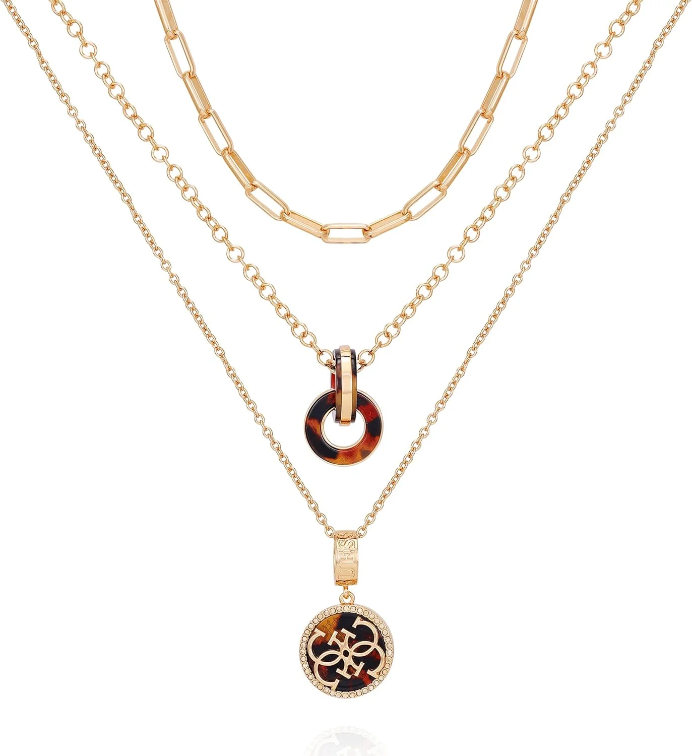 گردنبند لایه ای دو آویز طلایی GUESS با سنگ کریستالی و طرح لاک پشتی