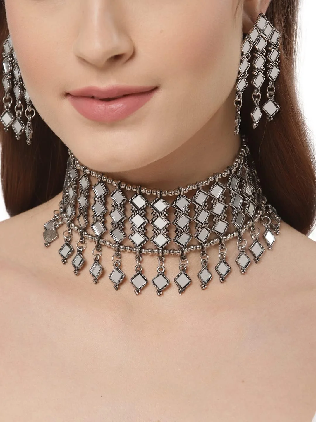 ست زیورآلات گردنبند نقره ای اکسید شده شیک و جدید زنانه ست زیورآلات گردنبند نقره ای اکسید شده شیک و جدید زنانه