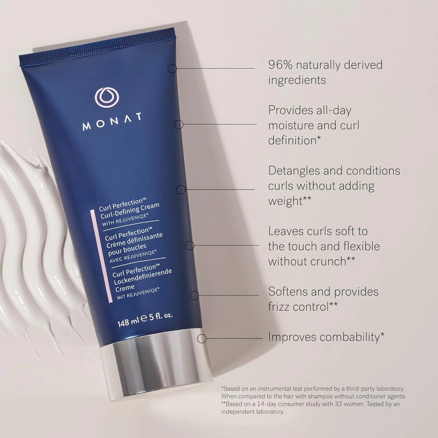 کرم حالت دهنده موی فر MONAT Curl Perfection™، غنی شده با Rejuvenique®، کرم حالت دهنده و مرطوب کننده مو - فر های نرم، خوش حالت و پر حجم برای موهای موج دار و فر - 148 میلی لیتر